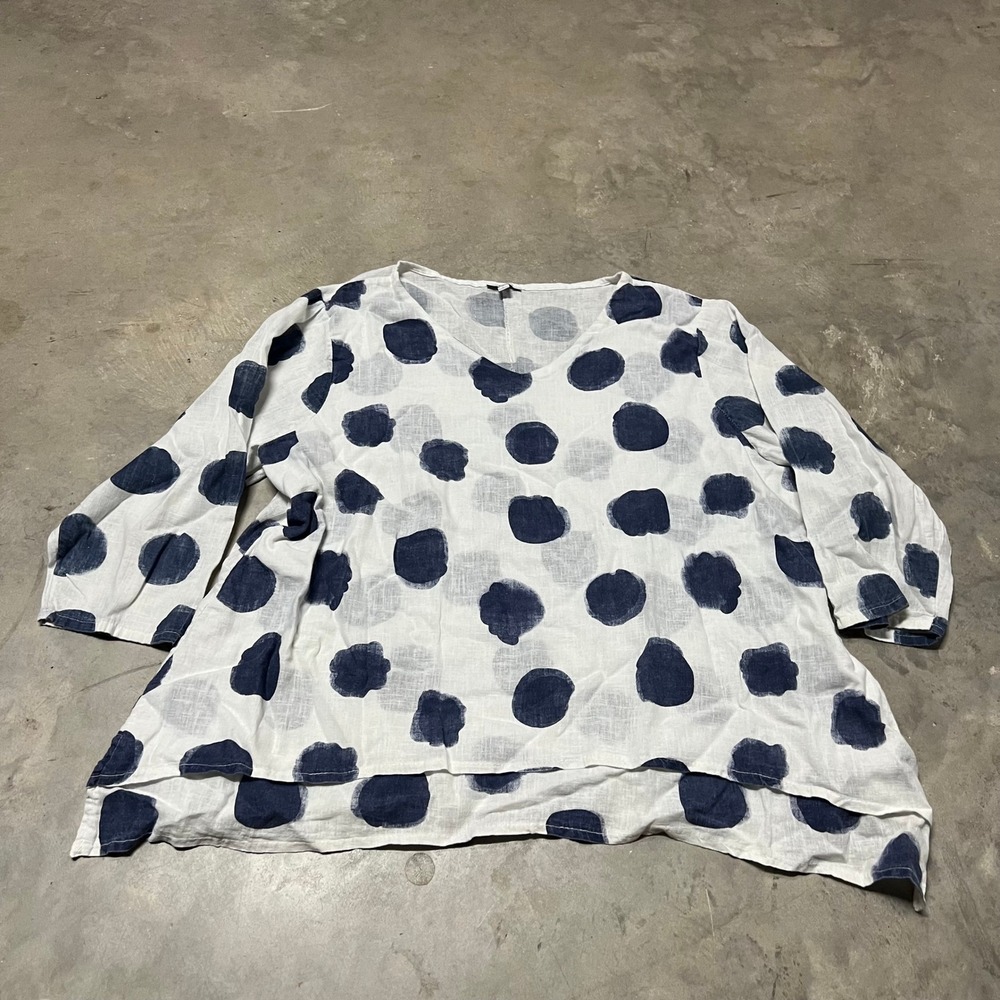 Kaktus Women Large White Navy Polka Dot 100% Linen V-Neck Tunic Made in Italy